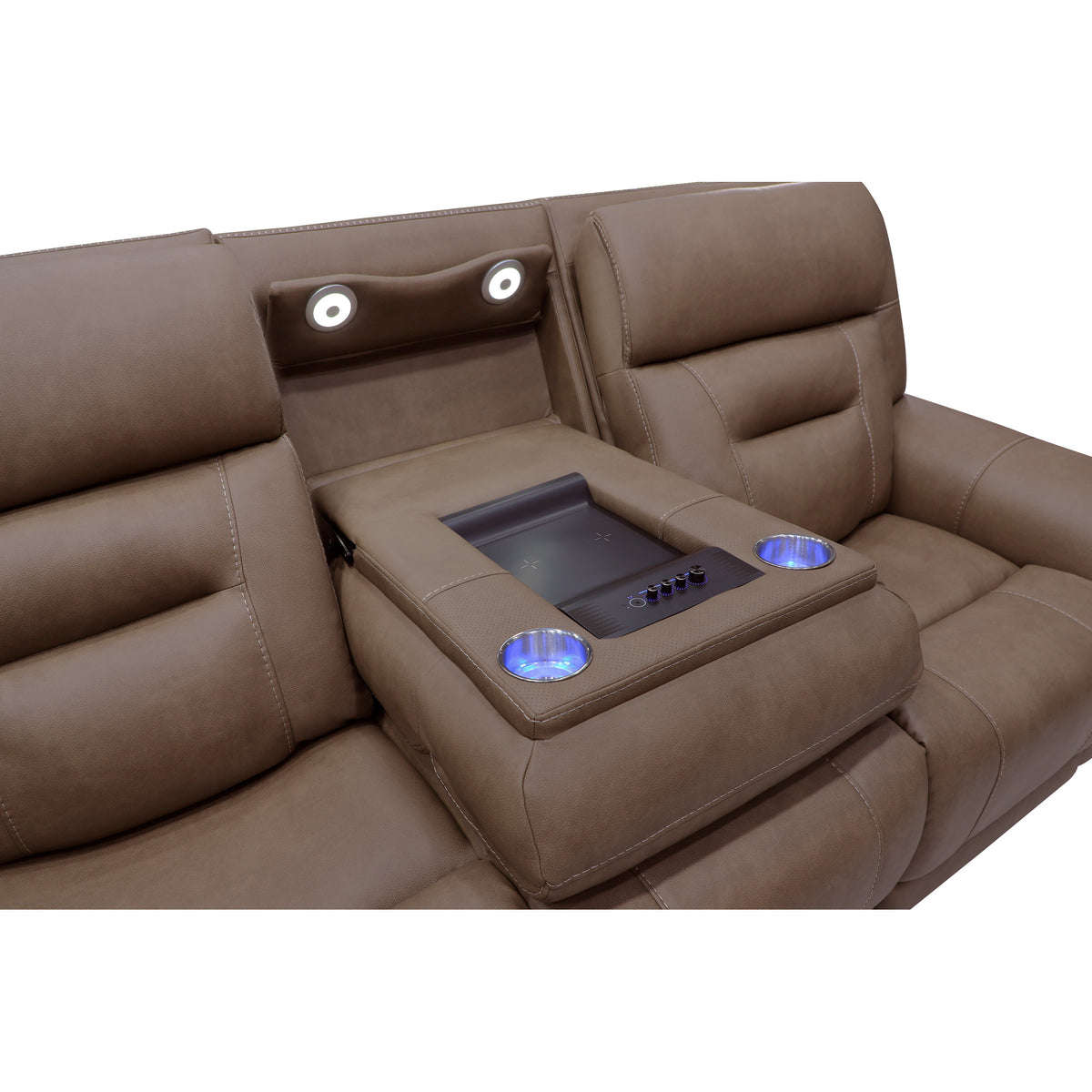 Detail view of Winslow Cappuccino Immersive Sound Power Reclining Sofa