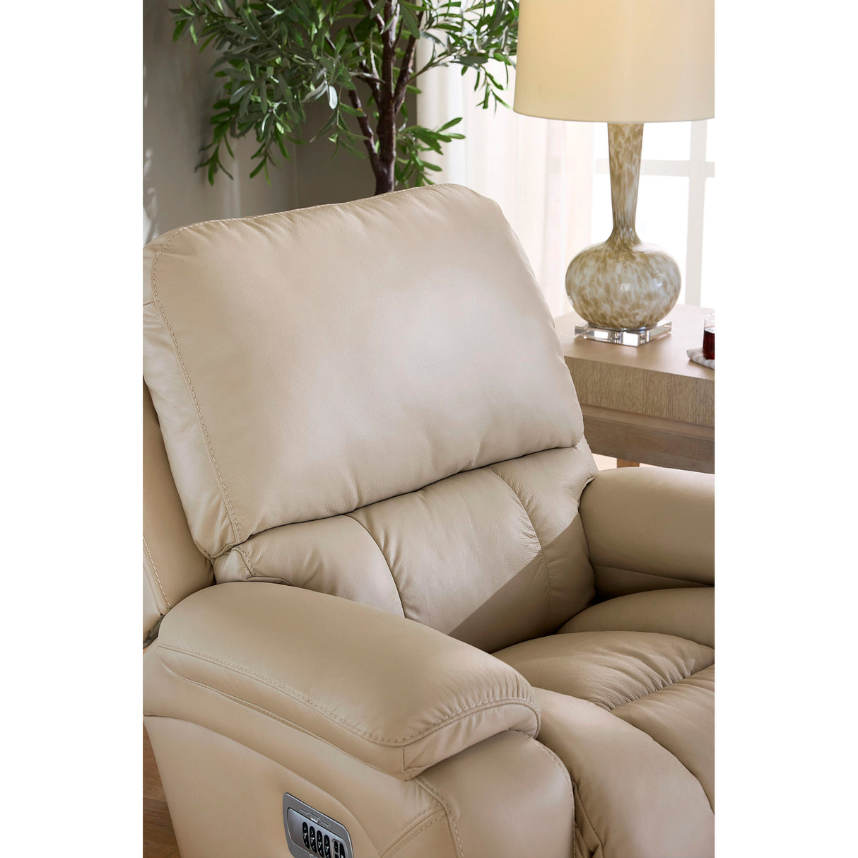 A room setting featuring Ice Greyson Leather Tri-Power Rocker Recliner