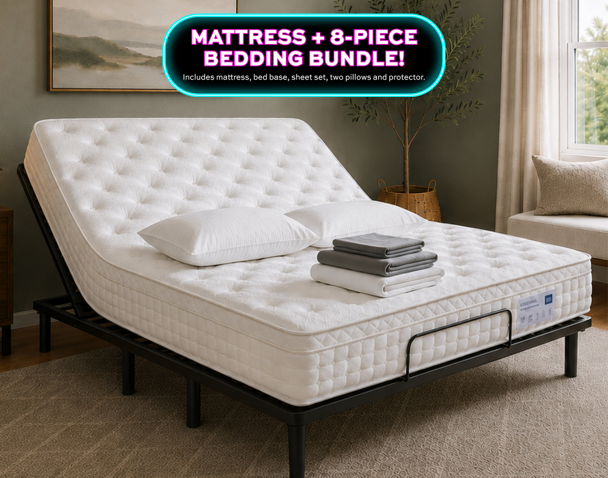 A room setting featuring Essential Hybrid Queen Bedding Bundle