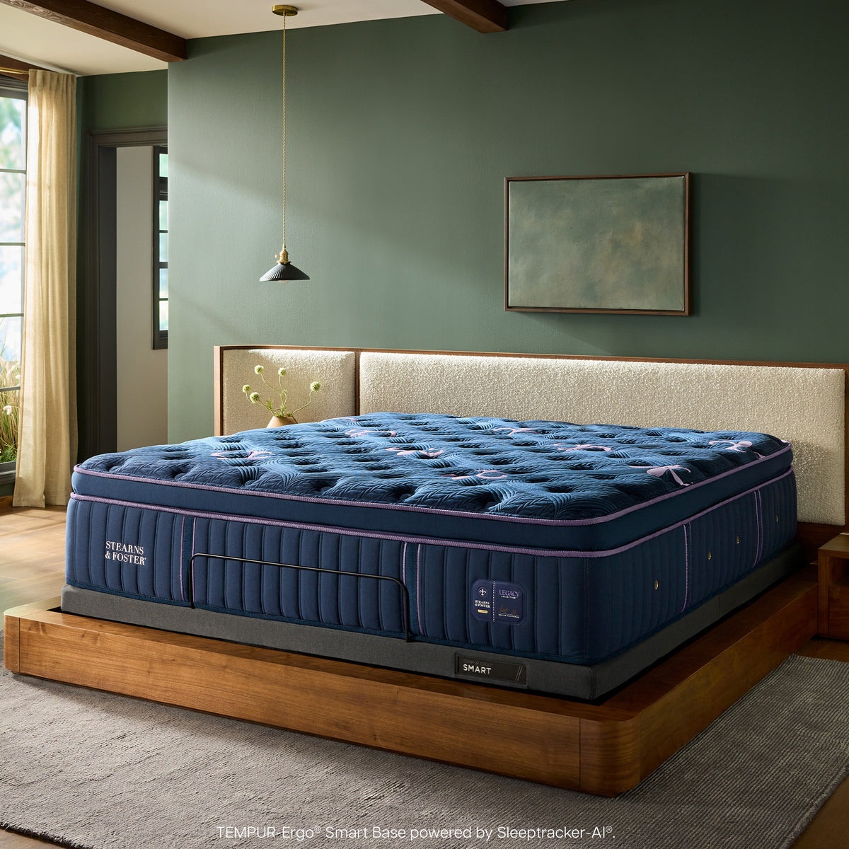 A room setting featuring Stearns and Foster Legacy Firm Pillowtop II Split California King Mattress Set