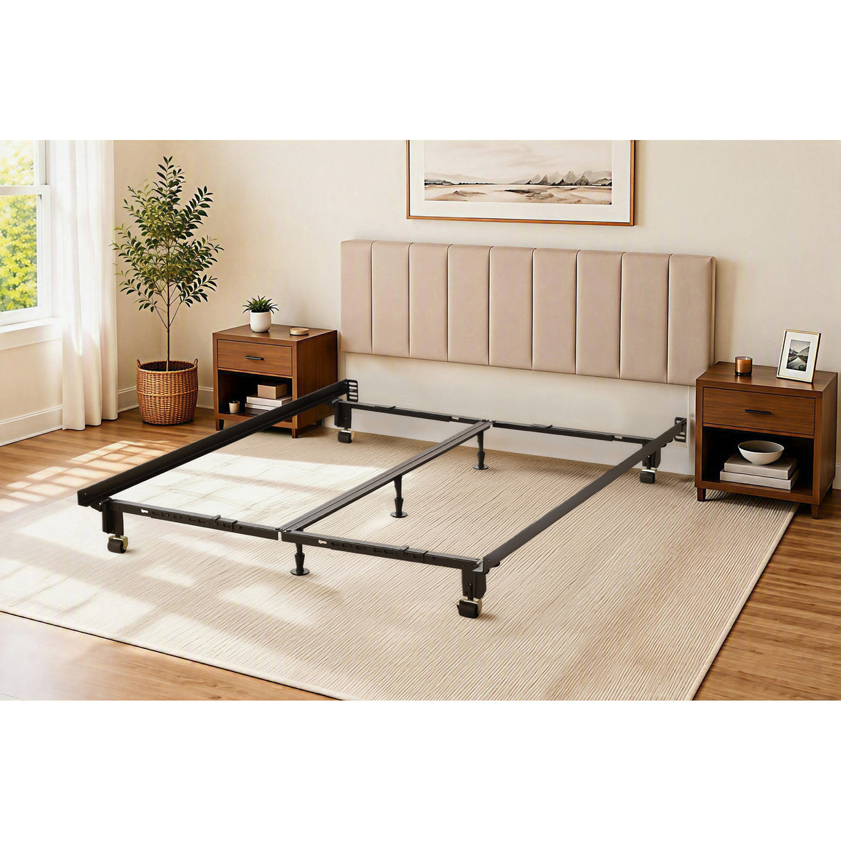 A room setting featuring HD Instamatic Universal Black Bed Frame