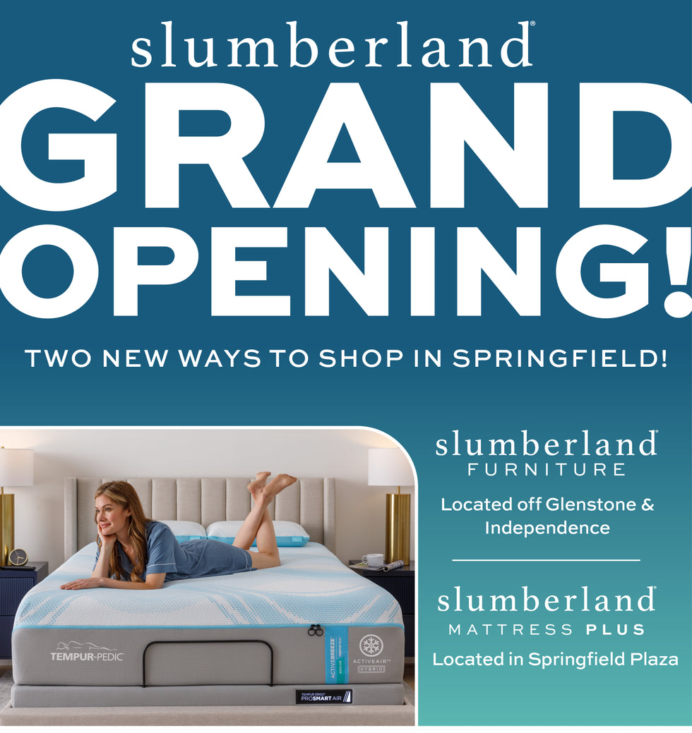 Advertisement for Slumberland Furniture with a couple on a mattress and 'Grand Opening' text.