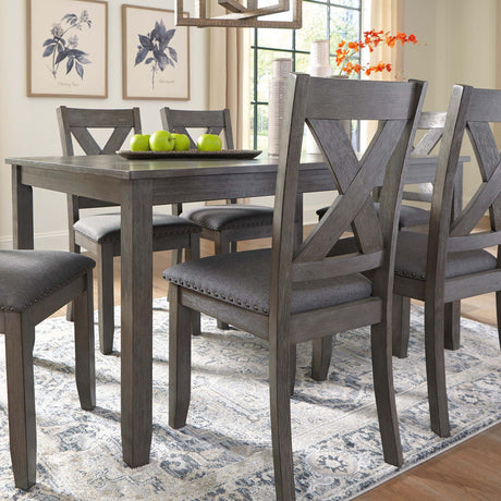 Rectangular dining table with chairs and a bench