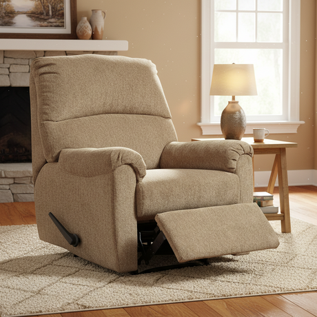 Beige recliner chair in a living room setting with a fireplace and lamp.
