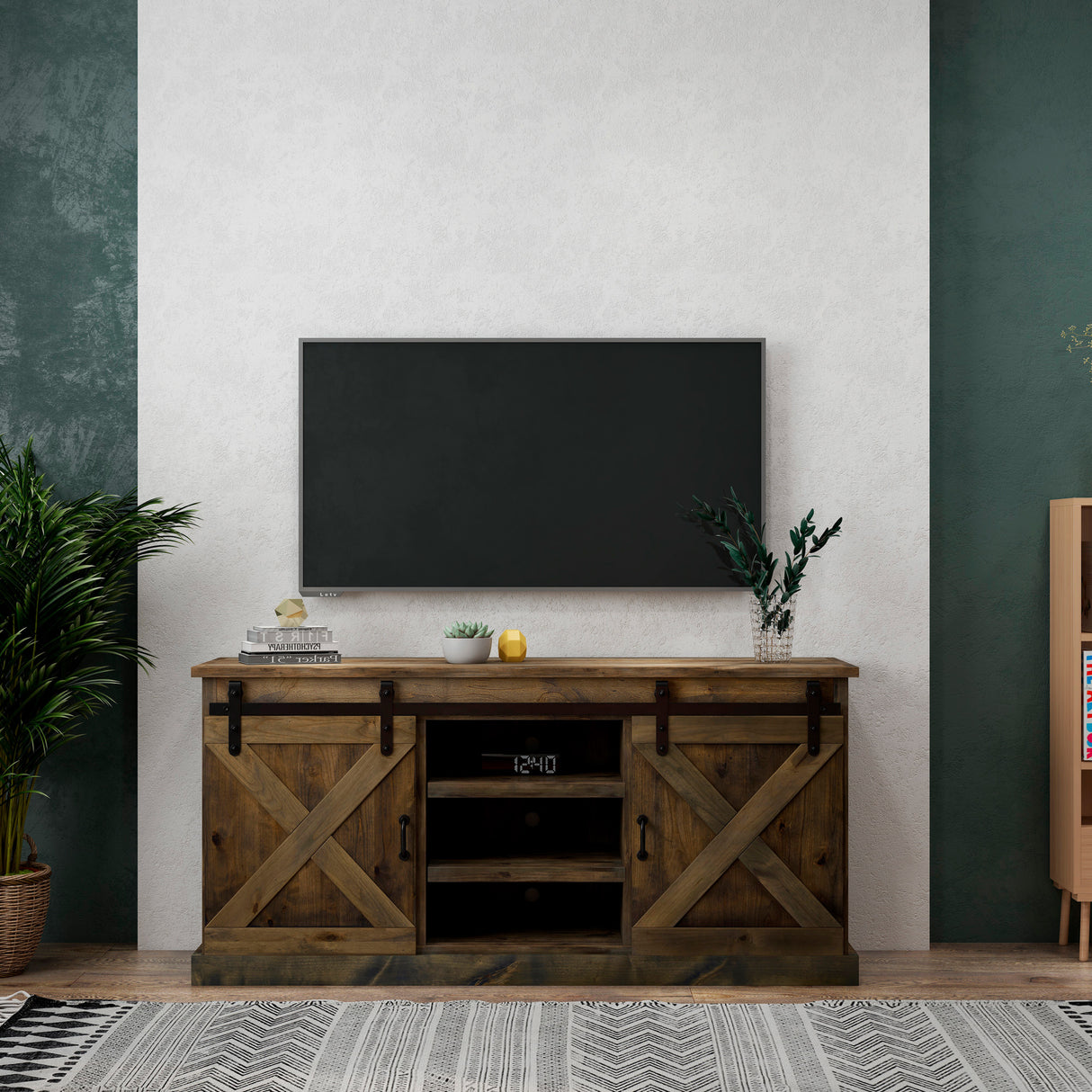 A room setting featuring Farmhouse Barnwood 66 Inch Console