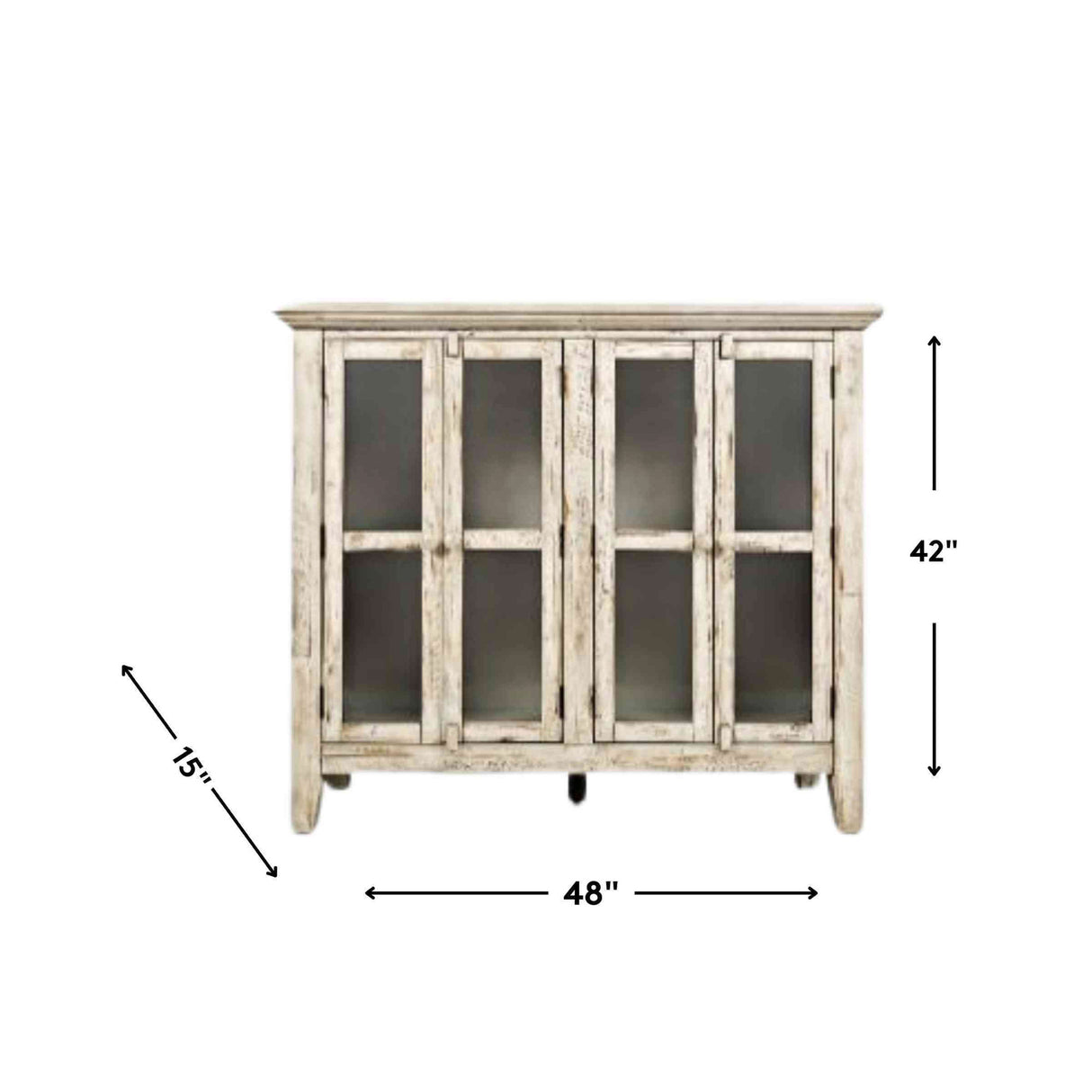 Detail image of Rustic Shores Antique White 4 Door Cabinet with overlay of product dimensions