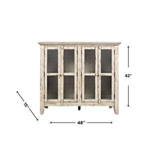Detail image of Rustic Shores Antique White 4 Door Cabinet with overlay of product dimensions