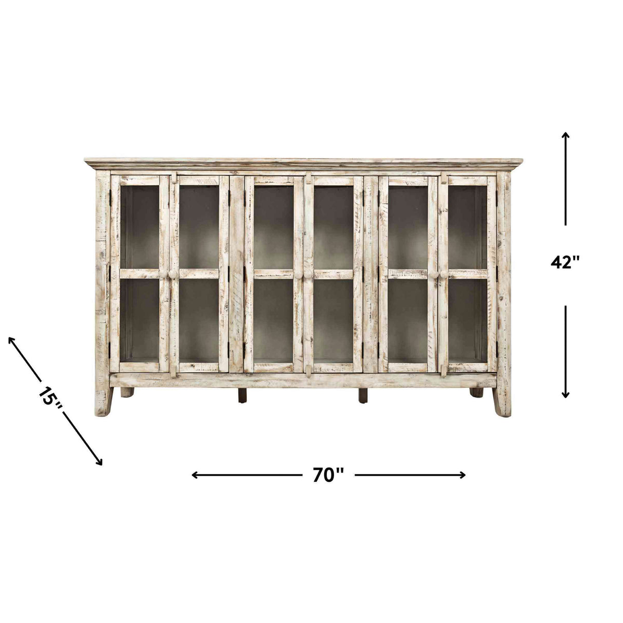 Detail image of Rustic Shores Antique White 6 Door Cabinet with overlay of product dimensions
