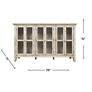 Detail image of Rustic Shores Antique White 6 Door Cabinet with overlay of product dimensions