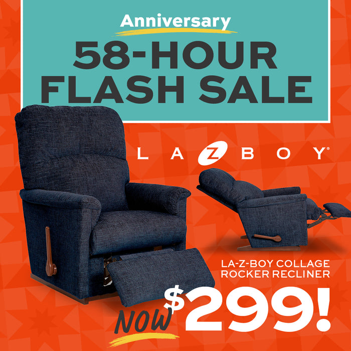 Advertisement for La-Z-Boy collage rocker recliner with 58-hour flash sale text on a geometric patterned background.