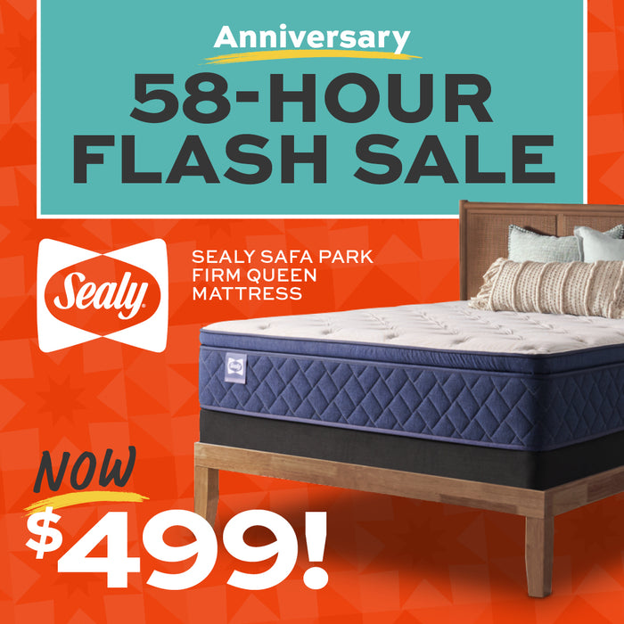 Sealy mattress on a bed frame with promotional text for a 58-hour flash sale.