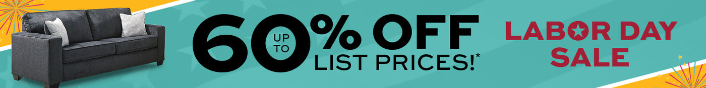 Labor Day Sale.  Up to 60% off List Prices! Promotional banner for a Labor Day sale with a couch and discount text.