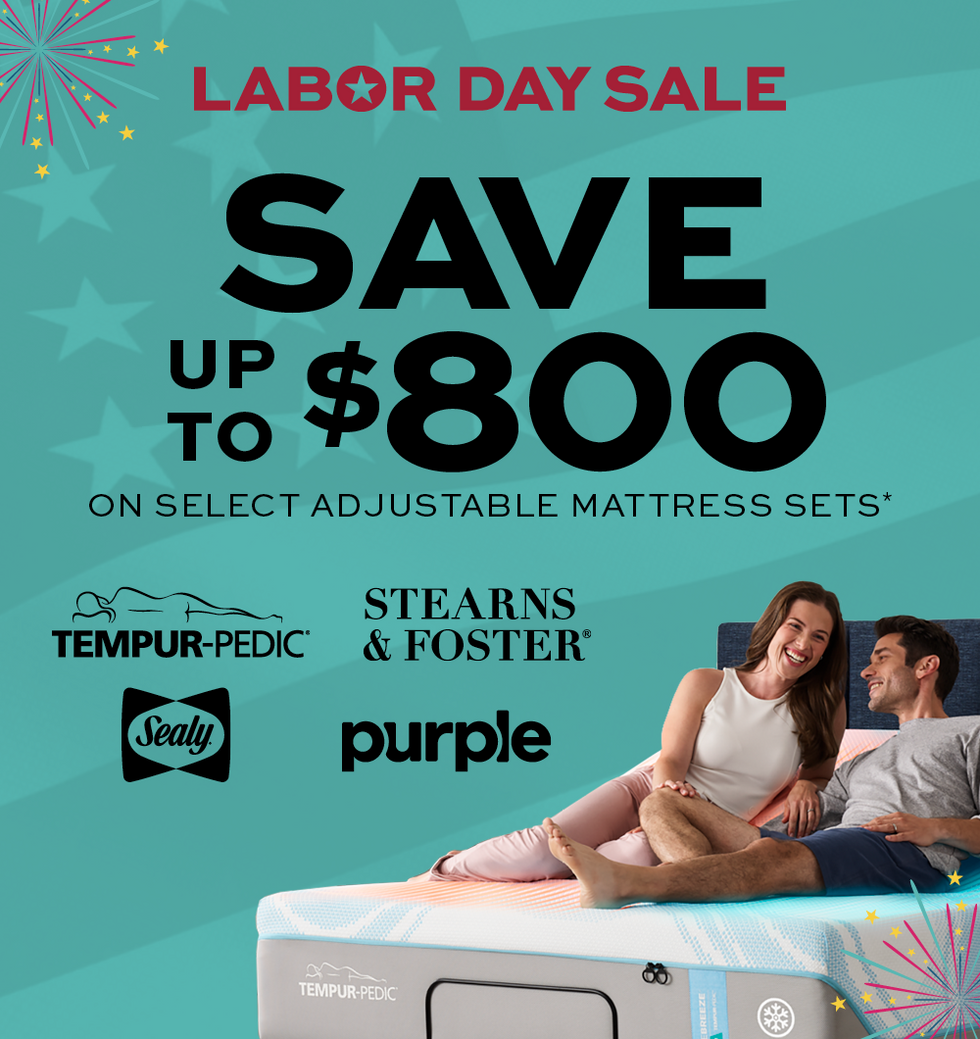 Labor Day Sale, Save up to $800 on select adjustable mattress sets.  Tempur-Pedic, Stearns & Foster, Sealy, Purple, Shop Now.  Advertisement for a Labor Day sale on mattresses with a couple on a mattress and brand logos.