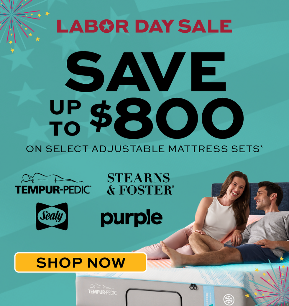 Labor Day Sale, Save up to $800 on select adjustable mattress sets.  Tempur-Pedic, Stearns & Foster, Sealy, Purple, Shop Now.  Advertisement for a Labor Day sale on mattresses with a couple on a mattress and brand logos.