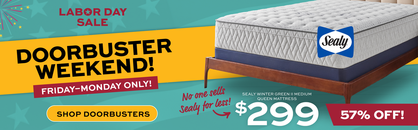 Labor Day sale DoorBusters weekend Friday thru Monday! banner.  Sealy Mattress for $299 on a colorful background.