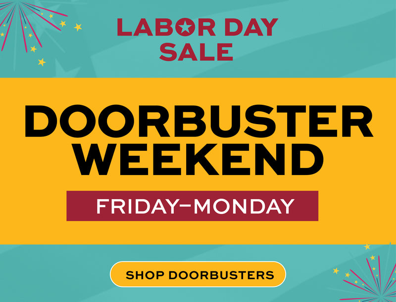 Promotional graphic for Labor Day Sale with 'Doorbuster Weekend Friday thru Monday' text on a blue and yellow background.