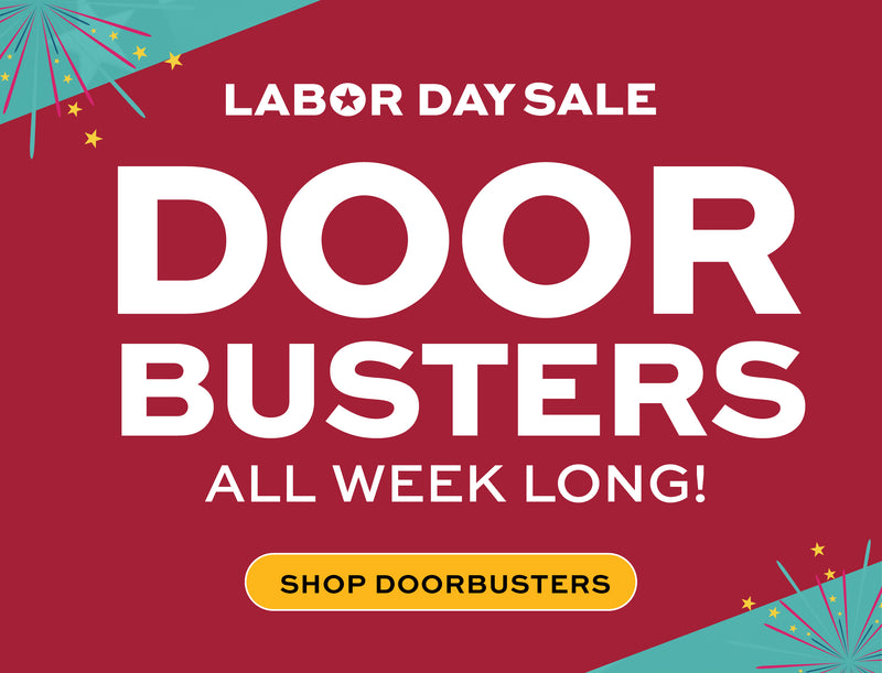 Labor Day sale advertisement with 'Door Busters all week long' text on a red background