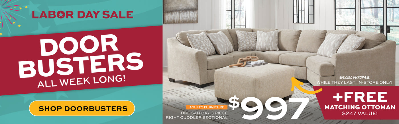 Sofa with ottoman for $997 and Labor Day sale Door Busters all week long! banner on a teal background
