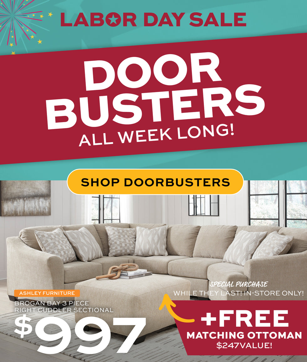 Sofa with ottoman for $997 and Labor Day sale Door Busters all week long! banner on a teal background