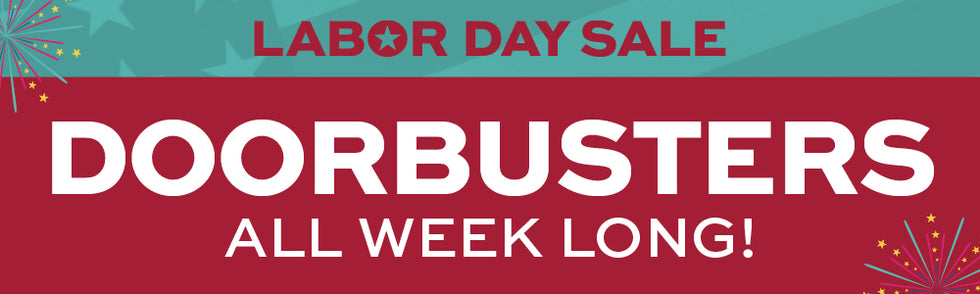 Labor Day sale banner with 'Doorbusters' text on a red and teal background
