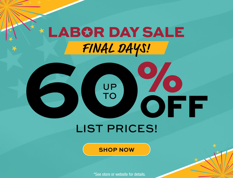 Labor Day sale advertisement with text 'Labor Day Sale FInal Days up to 60% off list prices' on a blue and orange background.