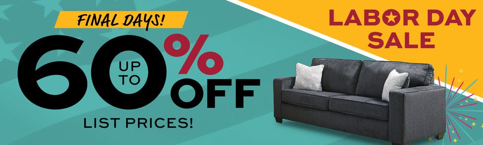 Labor Day sale banner with black sofa, colorful text, and geometric design.  Promotional banner with text 'Labor Day Sale Final Days!  Up to 60% off list prices.'