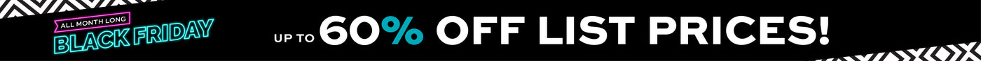 Black Friday sale banner with text 'Up to 60% off list prices' on a black background.