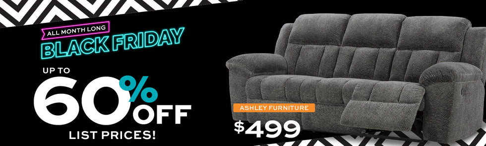 Gray sofa with Black Friday sale text on a black and white patterned background