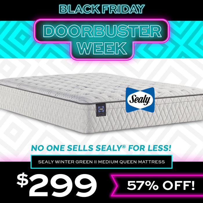 Advertisement for No one sells Sealy for less!  Sealy Winter Green 2 Medium Queen Mattress for $299 during Black Friday Doorbuster Week