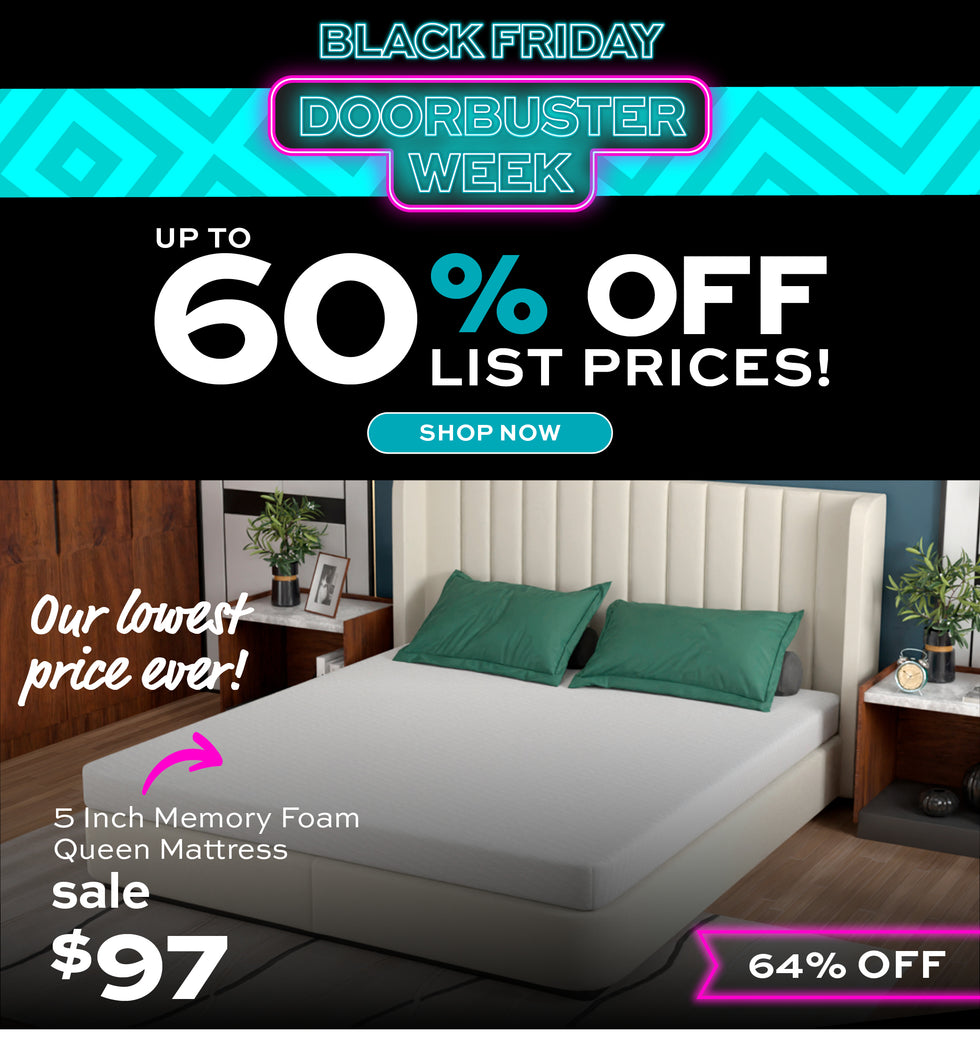 Promotional banner for Slumberland Furniture Black Friday Doorbuster Week  - Up to 60% Off List Prices; with $97 5 inch Memory Foam Mattress
