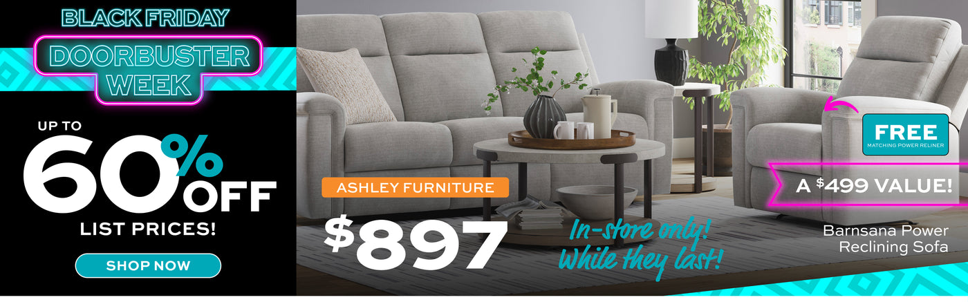 Promotional banner for Slumberland Furniture Black Friday Doorbuster Week  - Up to 60% Off List Prices; with Ashley Barnsana Power Reclining  sofa and free recliner for $897.