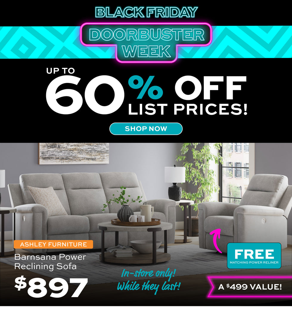 Promotional banner for Slumberland Furniture Black Friday Doorbuster Week  - Up to 60% Off List Prices; with Ashley Barnsana Power Reclining  sofa and free recliner for $897.