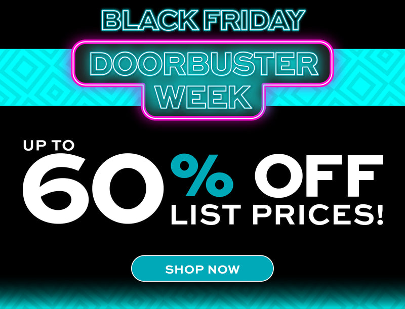 Black Friday doorbuster week advertisement with "up to 60% off list prices" text on a black and blue background.