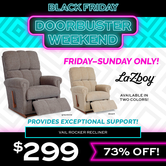 La-Z-Boy Vail Rocker Recliner for $299 Friday-Sunday Only! With Black Friday Doorbuster Weekend promotion text on a geometric patterned background