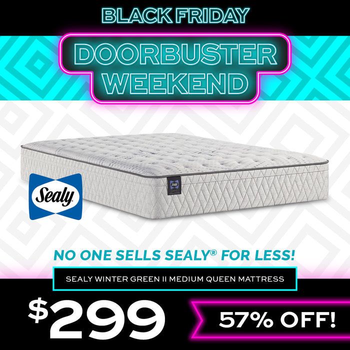Sealy Winter Green 2 Medium Queen Mattress for $299 with Black Friday Doorbuster Weekend promotion text on a geometric patterned background