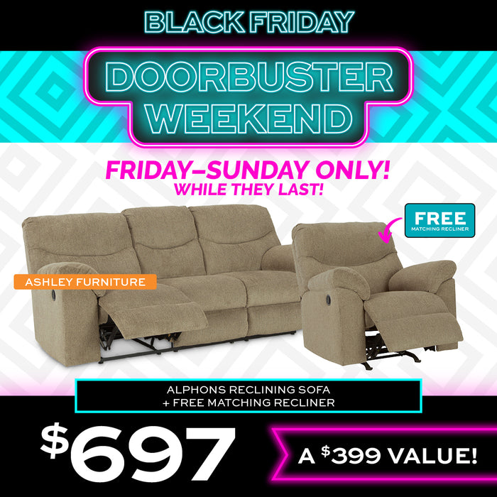 Ashley Furniture Alphons Reclining Sofa + free matching recliner for $697 Friday-Sunday Only! With Black Friday Doorbuster Weekend promotion text on a geometric patterned background