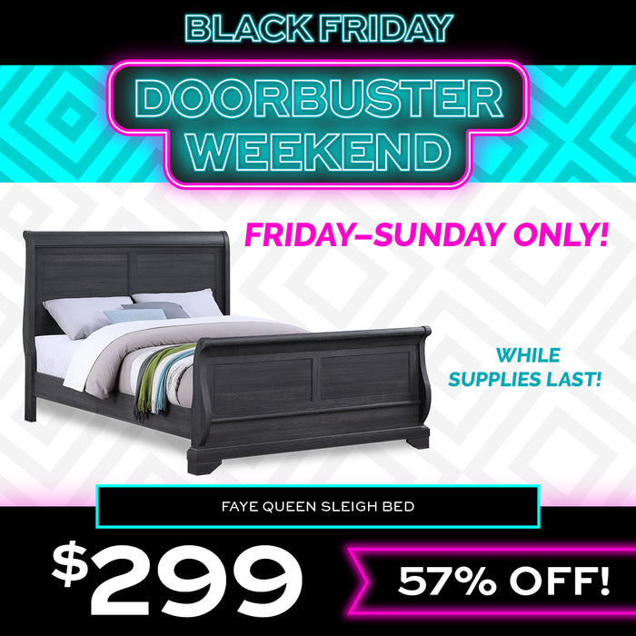 Faye Queen Sleigh Bed for $299 Friday-Sunday Only! With Black Friday Doorbuster Weekend promotion text on a geometric patterned background