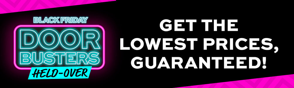 Neon blue text 'Black Friday Doorbusters Held Over!' and white text 'Get the lowest prices, guaranteed!' on a black and pink background.