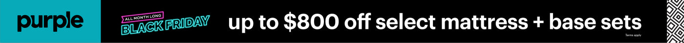 Promotional banner for Purple mattress with Black Friday up to $800 off select mattress + base sets offer on a blue and black background.