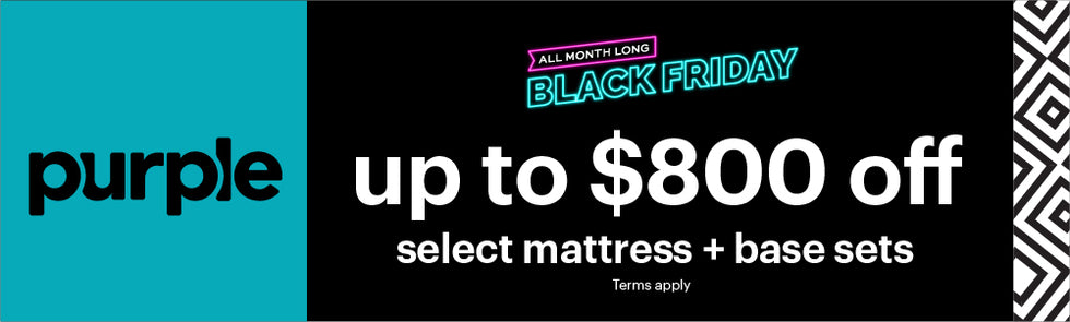 Promotional banner for Purple mattress with Black Friday up to $800 off select mattress + base sets offer on a blue and black background.