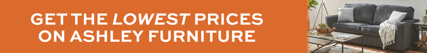 Promotional banner for Ashley Furniture with a couch and coffee table in the background.