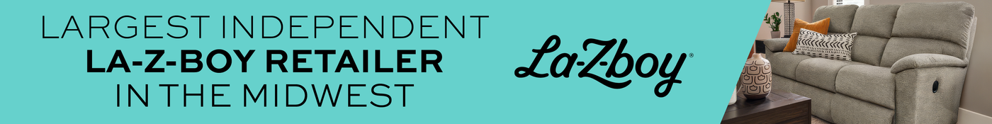 Advertisement for La-Z-Boy furniture with a couch and chair on a teal background.