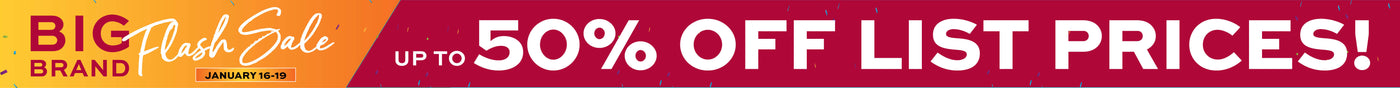 Promotional banner with 'Big Brand Flash Sale January 16-19 up to 50% off list prices!' text on a colorful background.