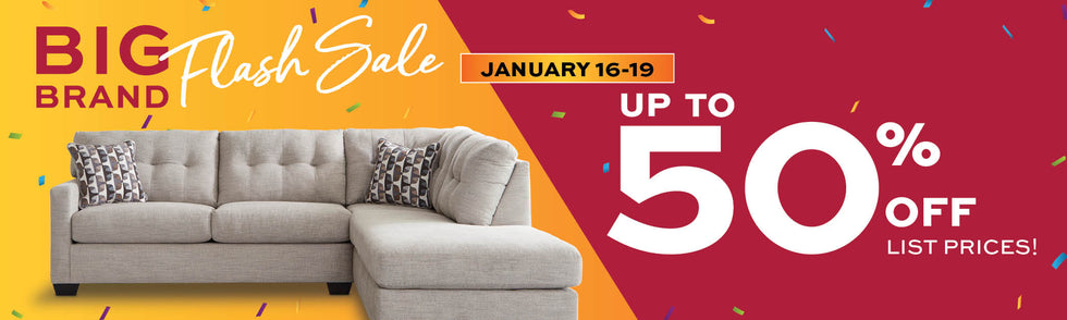Promotional banner with 'Big Brand Flash Sale January 16-19 - Plus up to 50% off list prices' text on a colorful background.