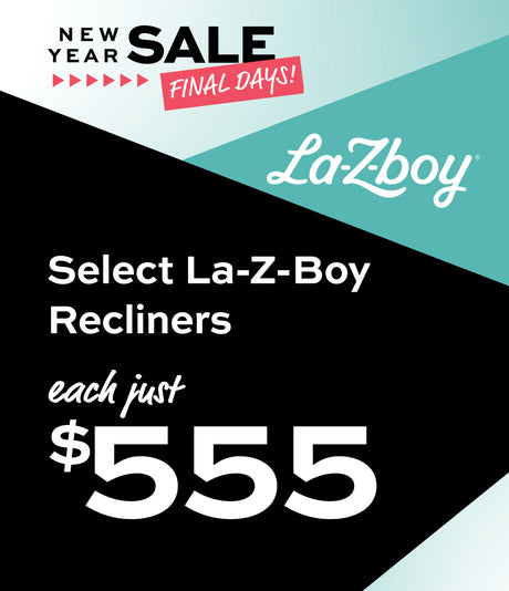 Select La-Z-Boy recliners $555 New Year Sale advertisement with geometric design and text.