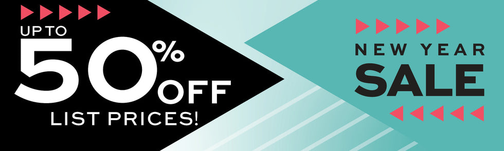 Promotional banner for a New Year sale with up to 50% off list prices on a black and teal background.