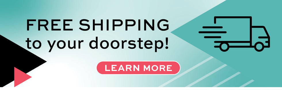 Promotional banner with free shipping text and truck icon on a blue and black background