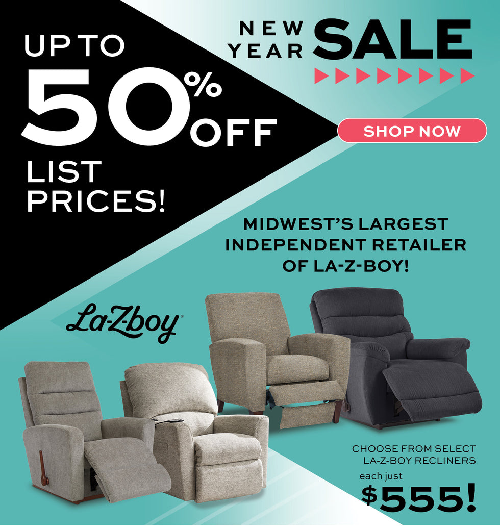 Advertisement for La-Z-Boy recliners with sale text for $555 on a colorful background