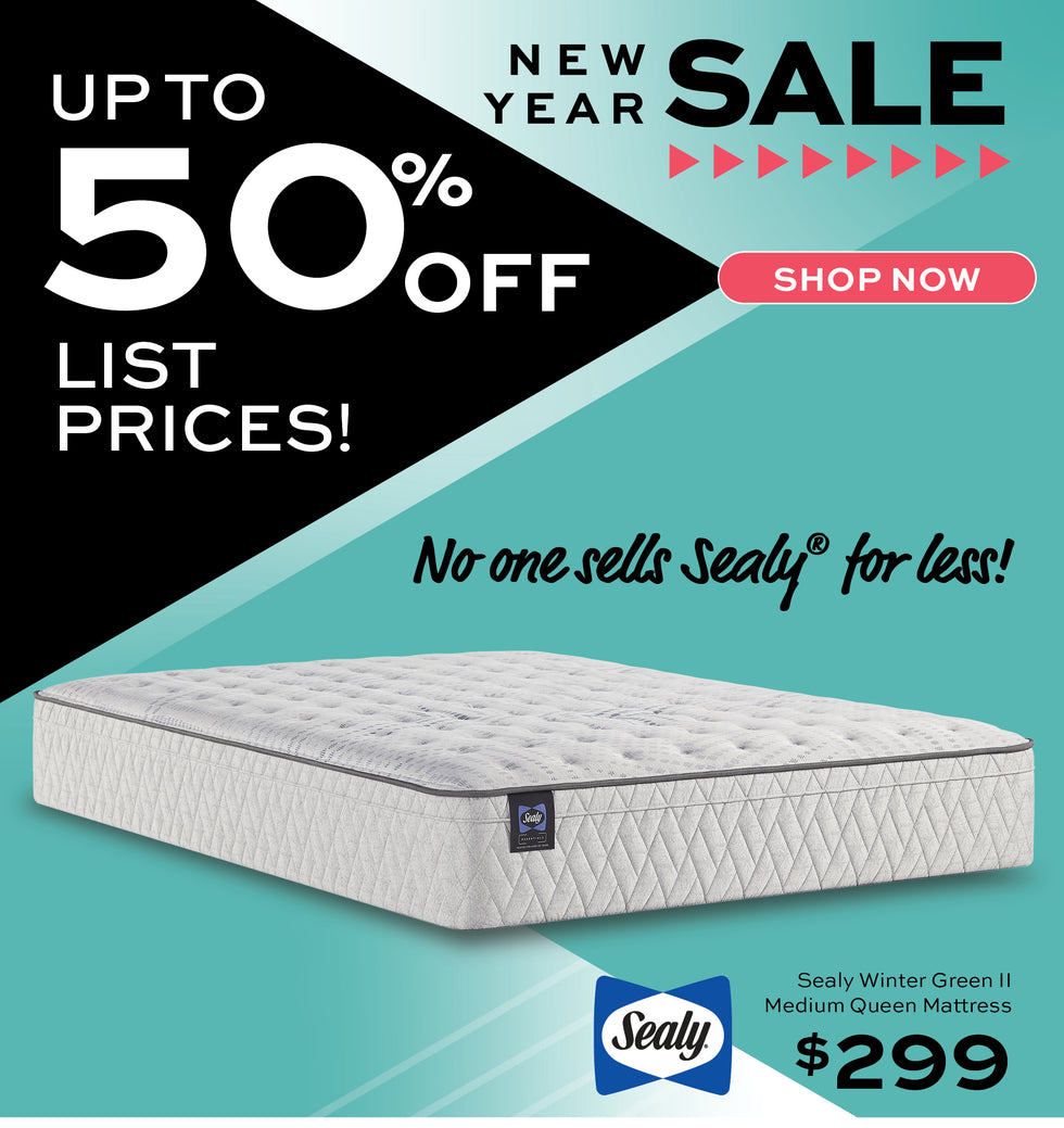 Promotional advertisement for Sealy Winter Green Medium Queen Mattress for $299 on a blue and black background.  New Years Sale up to 50% off List Prices.  