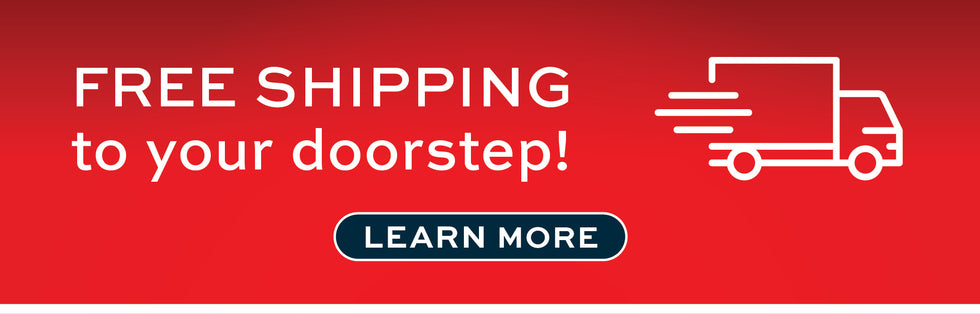 Red banner with white text and truck icon promoting free shipping.